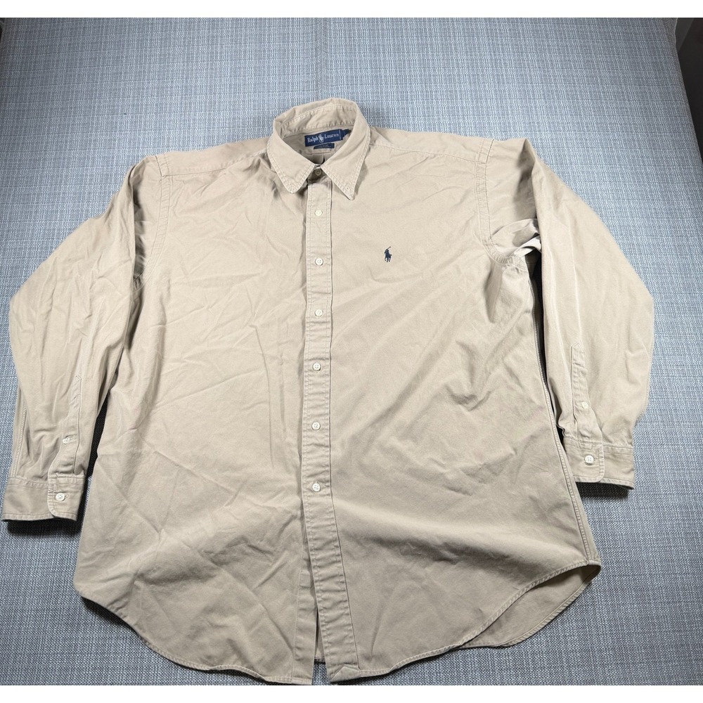 Ralph Lauren Blaire Shirt Mens Large Beige Cotton Pleated Pony Logo Button Down‎